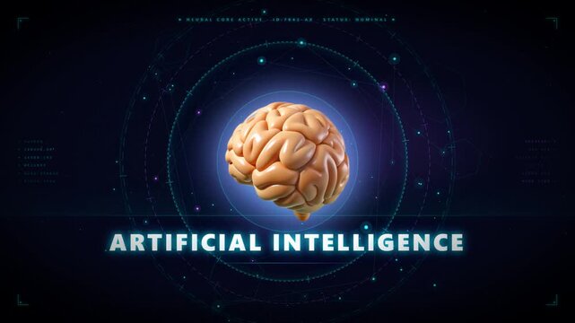 Artificial intelligence neural core active interface with glowing pink brain and deep learning cognitive technology