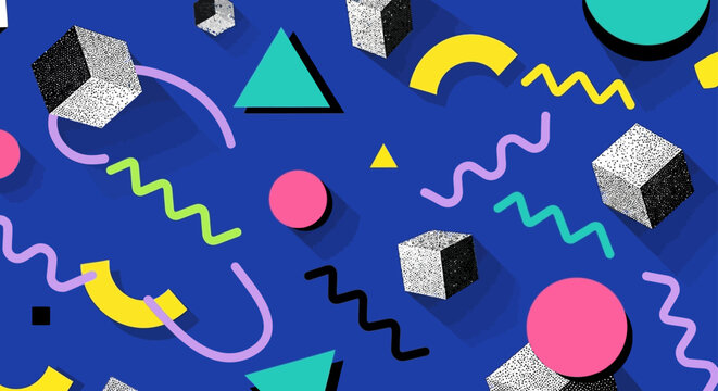 vibrant memphis style abstract art background with colorful geometric shapes and dotted cubes on a blue canvas for retro design.