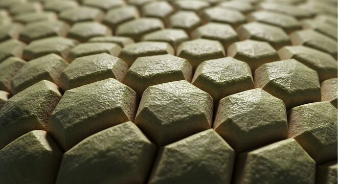 Close-up abstract 3D texture featuring raised geometric hexagonal scales. Organic, natural-looking pattern in khaki green with macro depth of field. Ideal for modern backgrounds.