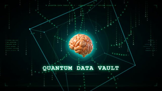 Quantum data vault interface with brain encryption cipher and decrypting access level visualization in green matrix