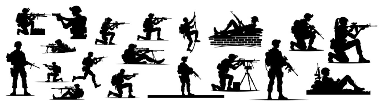 Military soldiers silhouettes in various combat and tactical poses set black and white vector graphic