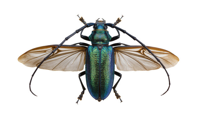 Iridescent green longhorn beetle with spread wings