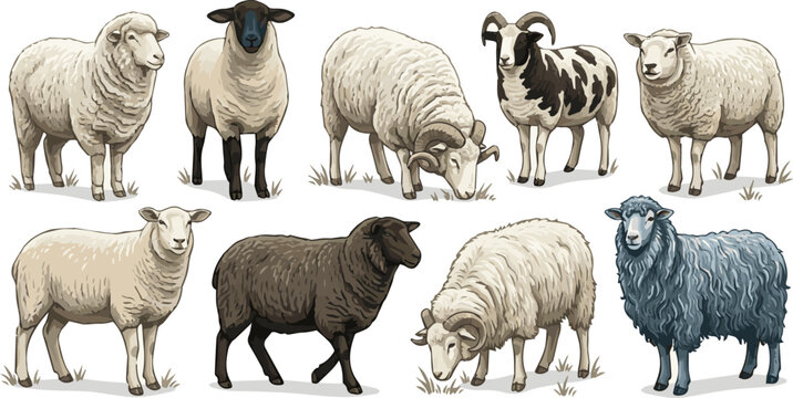 Generate a realistic kinds of deferent Sheep vector art silhouette with white background.
