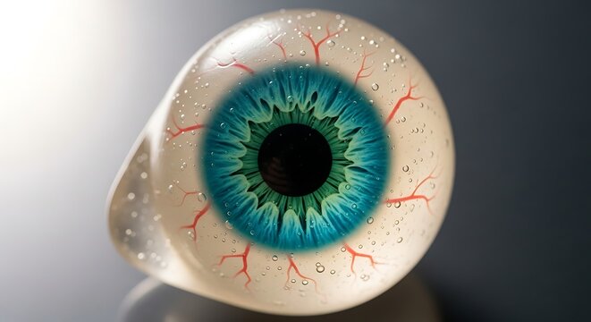 Close up of colorful eye with swirling iris patterns.