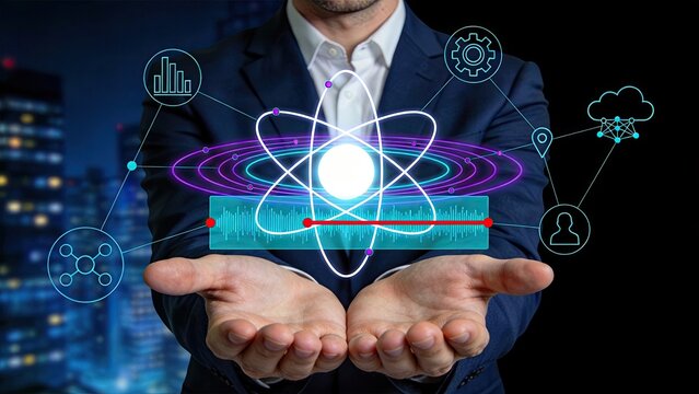 Futuristic technology innovation concept, businessman holding holographic atom structure, artificial intelligence, cloud computing, big data analytics, digital transformation and