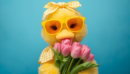 Fototapeta premium cute yellow duck holding flower with sunglasses