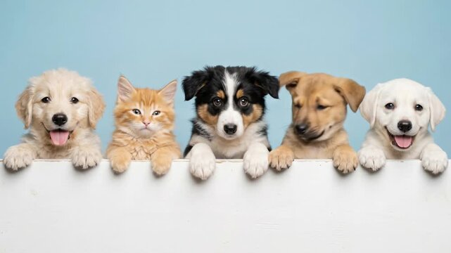 Cute puppies and ginger kitten peeking over white board. Lineup of baby pets on blue background. Domestic animals friendship concept