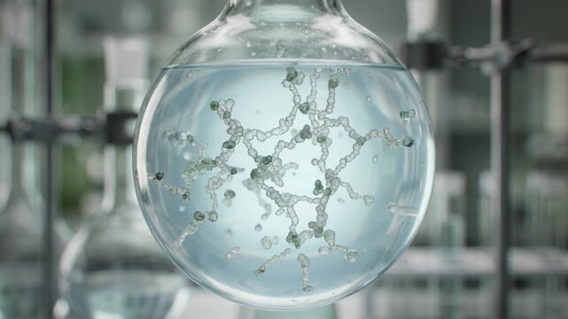 Circular chemistry materials green laboratory molecule polymer reaction solution beaker flask glass molecular network research microscopy scientific