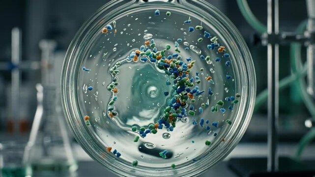 Circular chemistry materials green polymer particle glass vortex laboratory beaker swirling suspension experiment science research innovation