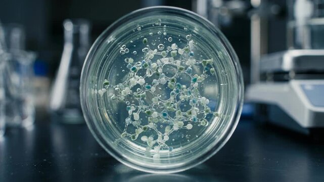 Circular chemistry materials green molecular petri dish laboratory showing polymer network molecular model with aqueous beads bubbles evoking eco