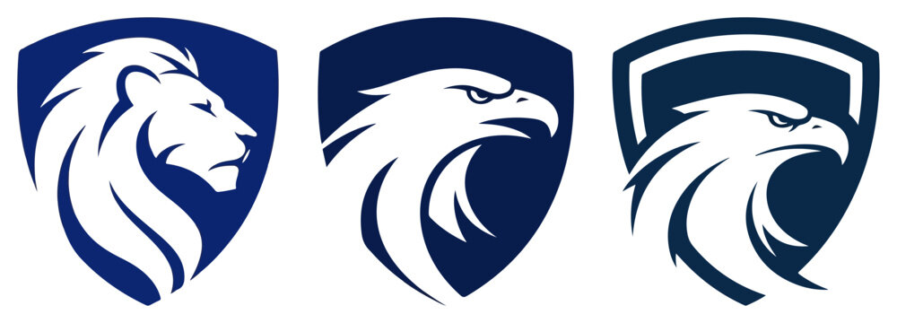 Lion and eagle head shield logos for security and sports teams in blue minimalist badge style