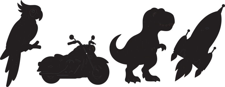 Black silhouettes of a parrot motorcycle tyrannosaurus rex dinosaur and rocket vector shapes set isolated on white background