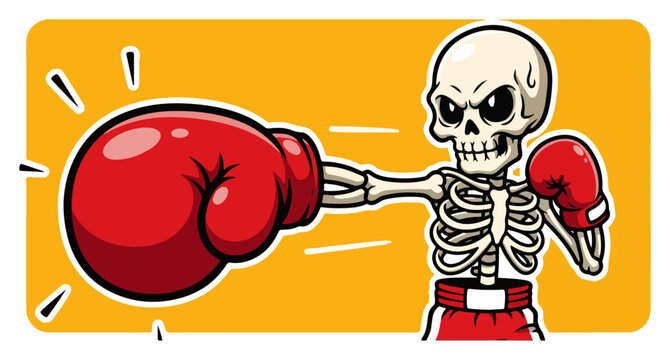 Skeleton boxer character punching with an exaggerated giant red glove in cartoon style
