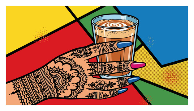 Mehndi hand holding glass of latte coffee in colorful geometric pop art style