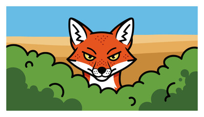Fototapeta premium Red fox peeking over green bushes under blue sky in cartoon mascot style