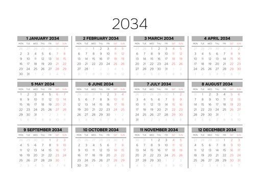 English 2034 Horizontal 4x3 Grid Executive Annual Planner Template Minimalist Yearly Schedule Page