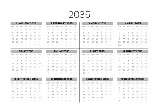 English 2035 Horizontal 4x3 Grid Professional Annual Calendar Clean Minimalist 12 Month Grid