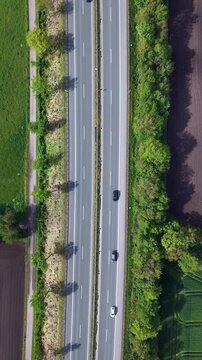 Highway Through the Green Fields. Drone view