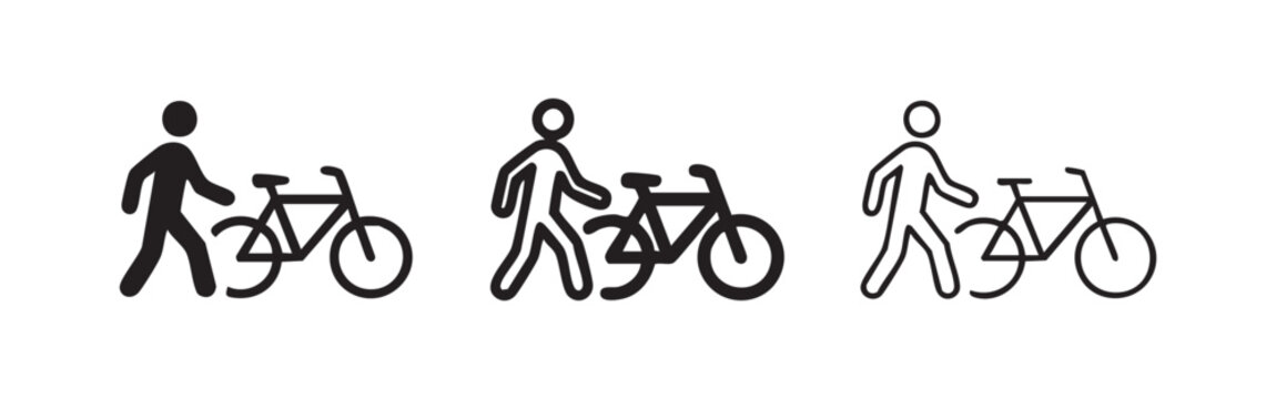 Set of three person with bicycle icons in black and outline styles.
