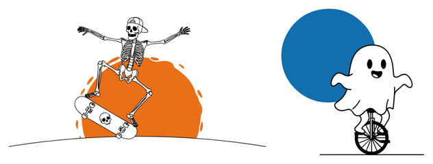 Skeleton skateboarding and cute ghost riding unicycle in funny minimalist cartoon style © Cristiano