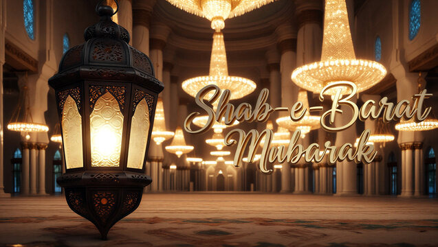 Beautifully illuminated mosque interior with ornate lanterns and chandeliers celebrating shabebarat mubarak festive occasion