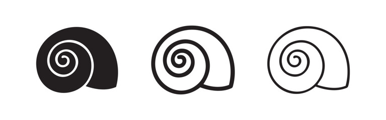 Set of three snail shell icons, solid, outlined, and hand-drawn style © liubomir118809