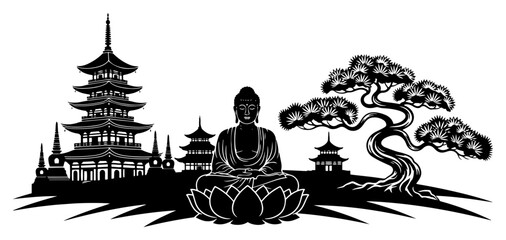 Obraz premium Buddha statue with pagoda temple and bonsai tree landscape in black silhouette graphic style