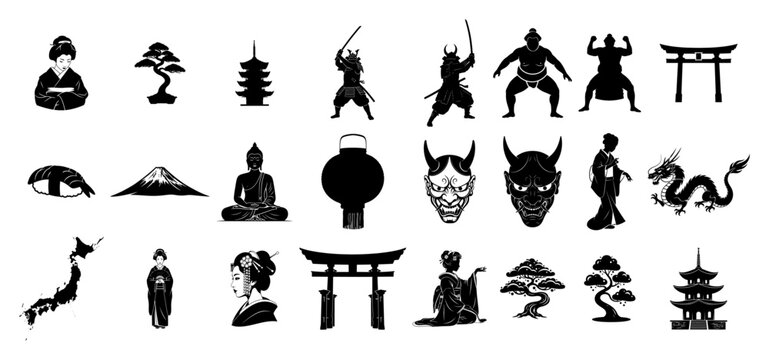 Japanese culture icons set with samurai torii gate pagoda and geisha silhouettes in flat graphic style