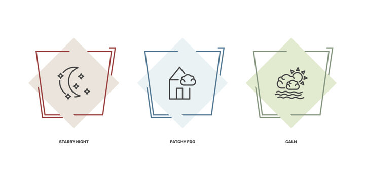 weather icon set with starry night, patchy fog, calm signs in flat outline style