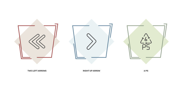 user interface icon set with two left arrows, right up arrow, 6 ps signs in flat outline style