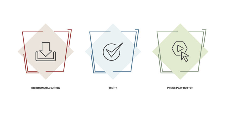 user interface icon set with big download arrow, right, press play button signs in flat outline style