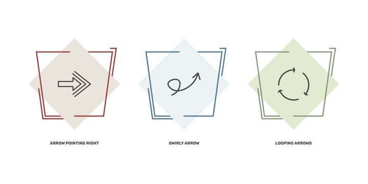 user interface icon set with arrow pointing right, swirly arrow, looping arrows signs in flat outline style