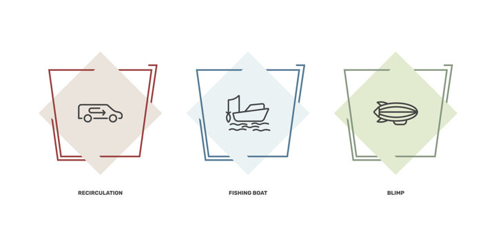 transportation icon set with recirculation, fishing boat, blimp signs in flat outline style