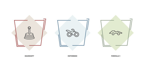 Obraz premium transportation icon set with gearshift, motorbike, formula 1 signs in flat outline style