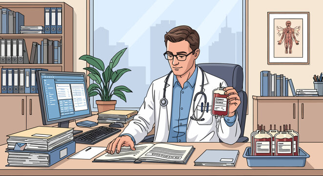 Doctor Holding Blood Bag in Medical Office.