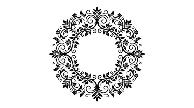 Ornate Black Floral Wreath Design Element.