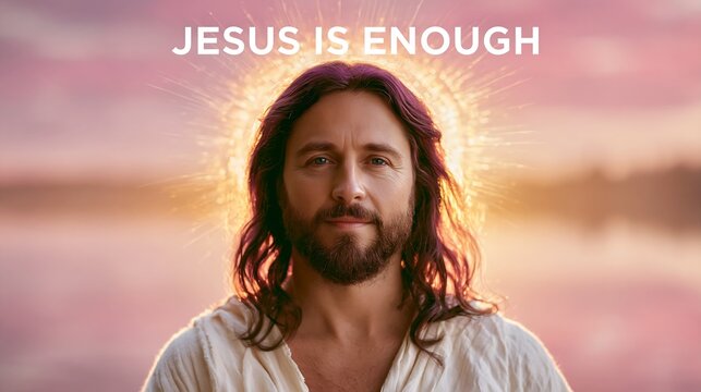 Portrait of Jesus Christ with glowing halo and text Jesus is enough