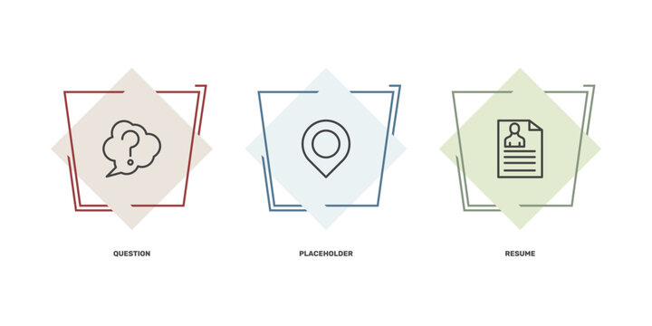 strategy icon set with question, placeholder, resume signs in flat outline style