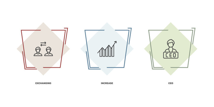 startup and strategy icon set with exchanging, increase, ceo signs in flat outline style