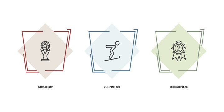 sport and games icon set with world cup, jumping ski, second prize signs in flat outline style