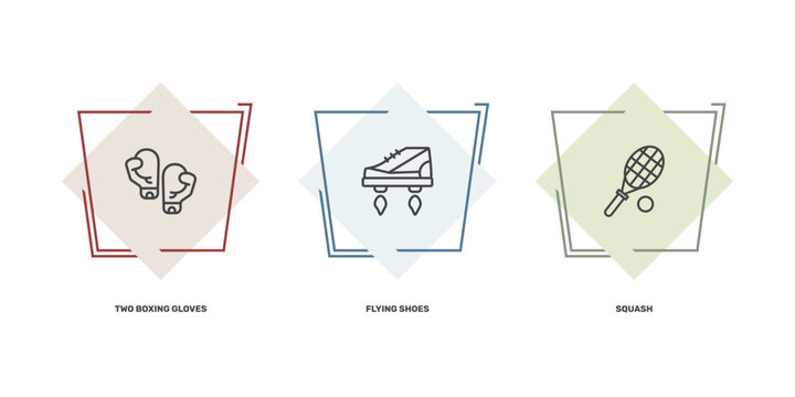 sport and game icon set with two boxing gloves, flying shoes, squash signs in flat outline style