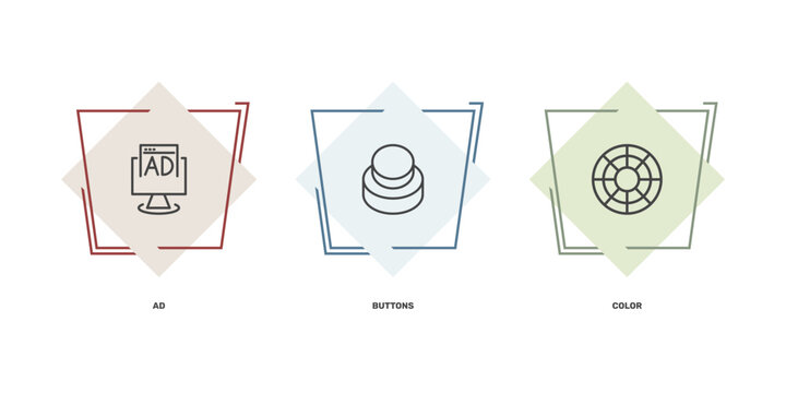 social media marketing icon set with ad, buttons, color signs in flat outline style