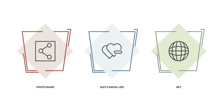 social media marketing icon set with photo share, quit a social like, net signs in flat outline style