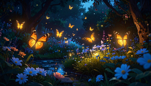 Glowing butterflies and flowers in a dark forest