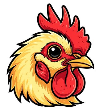 Cartoon illustration of a cheerful red rooster with yellow feathers.