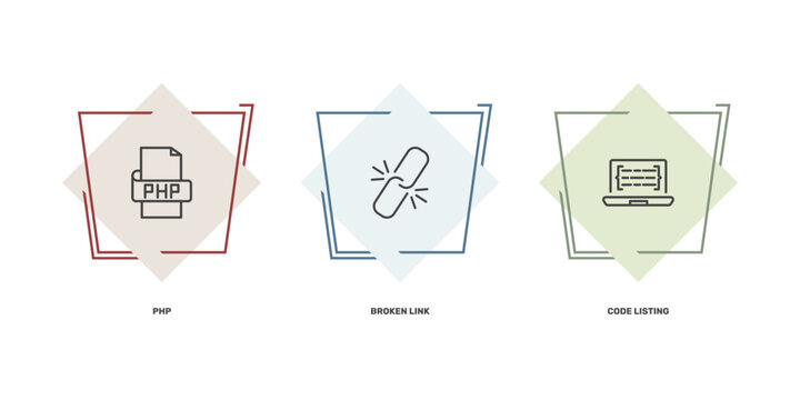 information technology icon set with php, broken link, code listing signs in flat outline style