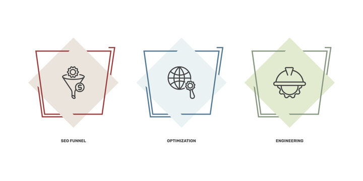 information technology icon set with seo funnel, optimization, engineering signs in flat outline style