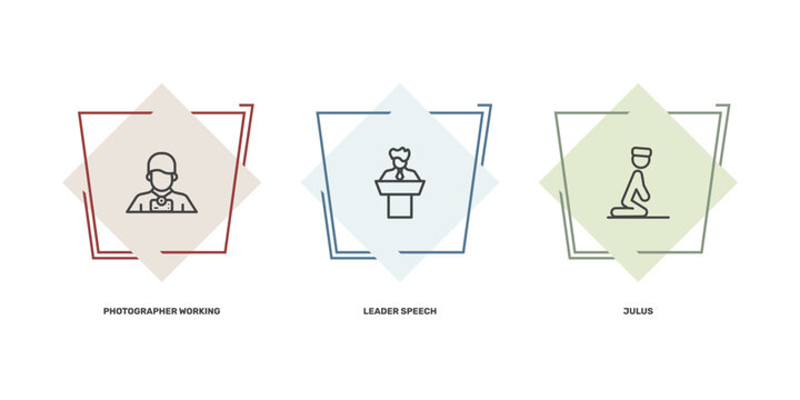 people and relation icon set with photographer working, leader speech, julus signs in flat outline style