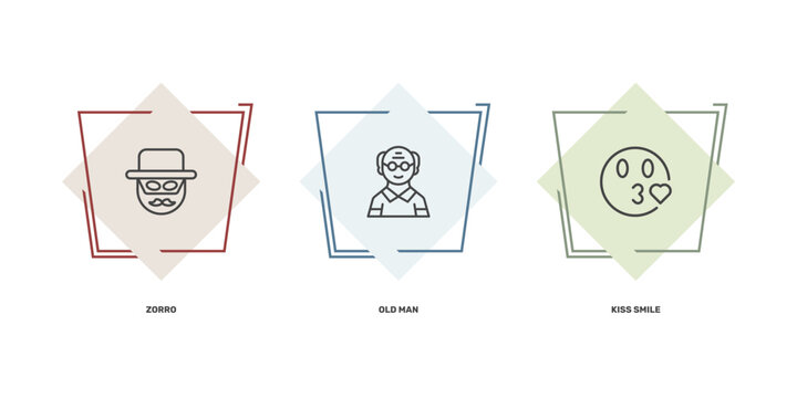 people icon set with zorro, old man, kiss smile signs in flat outline style