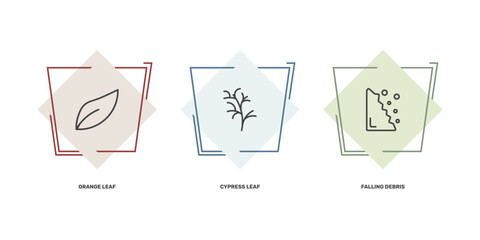 nature icon set with orange leaf, cypress leaf, falling debris signs in flat outline style © Abstract